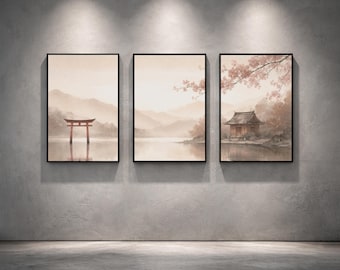 May include: Three framed landscape prints depicting Japanese scenes. The artwork features a red torii gate, a traditional temple, and cherry blossoms. The color palette is soft, with muted tones of beige, brown, and pink.
