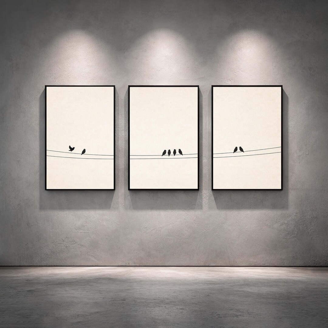 Minimalist Birds on a Wire Triptych Wall Art Set of 3 in Neutral Beige ...