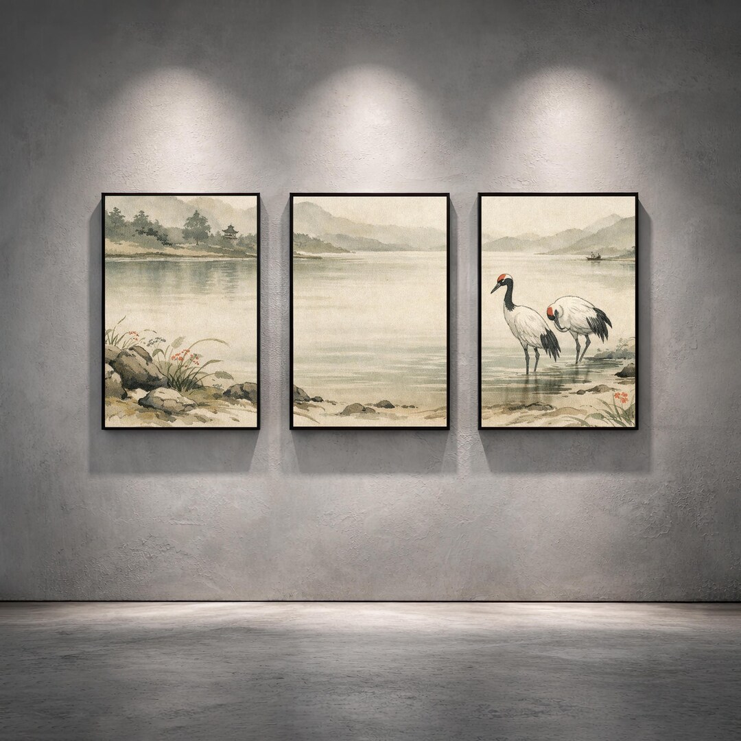 Triptych Wall Art Set of 3 With Japanese Cranes Lake Landscape and ...