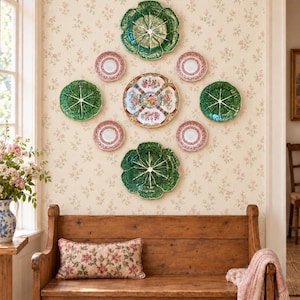 Vintage Famille Rose &  Cabbage Leaf Plate Wall | Curated 9 Piece Plate Set
