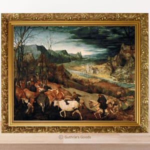 Könnte beinhalten: Gerahmter Kunstdruck einer ländlichen Landschaft mit Figuren, die Vieh treiben und Pferde reiten. Das Kunstwerk in einem goldenen, verzierten Rahmen zeigt ein Flusstal mit Bergen und einem dramatischen Himmel. Der Stil erinnert an Gemälde alter Meister.