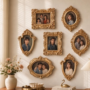 May include: A collection of seven ornate gold-toned picture frames in various shapes, including rectangular, oval, and shield-like designs, each containing a vintage-style portrait photograph of individuals or groups, mounted on a plain wall.