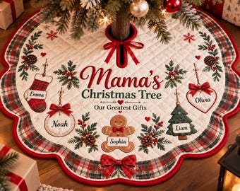 Gepersonaliseerde kerstboomrok voor het hele gezin, kerstboomrok met namen, aandenken voor oma en kleinkinderen, gewatteerd kerstcadeau voor in huis.