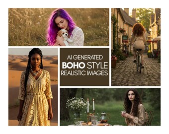 Paquete de fotos PNG de estética bohemia, imágenes de stock de estilo bohemio terroso, imágenes de estilo de vida generadas por IA para Canva, blogs, impresiones y proyectos digitales.