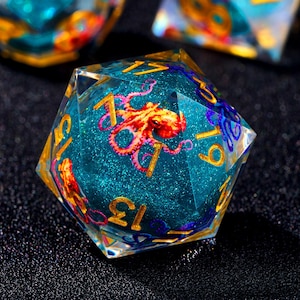 Blå bläckfisk flytande kärna tärningsset, vassa kantiga harts DnD-tärningar