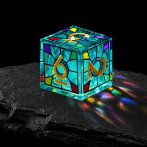 May include: A translucent cube-shaped die featuring a stained-glass pattern with vibrant blue, green, red, and yellow segments. The faces display gold-coloured numerals, including a six and a two, with light casting colourful reflections.