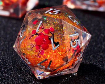 Plum Blossom Liquid Core Dice Set: Orange Resin Polyhedral RPG Dice