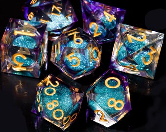 Purple & Blue Liquid Core DND Dice Set: Sharp Edge Galaxy Resin Polyhedral Dice