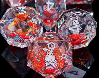 Jeu de dés à noyau liquide Orange Bunny : dés D&D en résine à bords tranchants