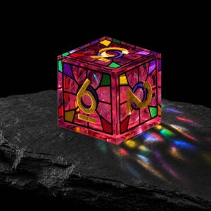 May include: A six-sided die featuring a stained glass aesthetic with a translucent pink resin body. The faces are decorated with black grid lines and multi-colored geometric shapes in green, yellow, and purple. Gold numerals are embossed on the faces.