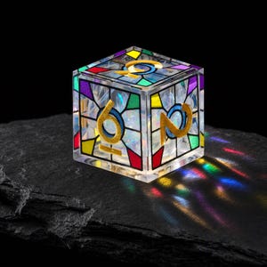 May include: A six-sided die featuring a stained glass pattern with red, green, blue, and yellow segments. The die has a clear, iridescent interior and gold-colored numbers, including a six and a two, with light casting colorful reflections.