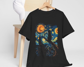 Vincent Van Gogh Starry Night Black Cat Unisex T-Shirt