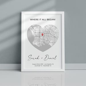 Impressão de mapa personalizado – Onde tudo começou, nosso mapa de ponto de encontro, presente de aniversário, mapa de coração, presente de primeiro encontro, nossa história, uma memória no tempo