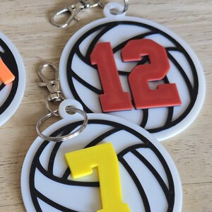 May include: Keychains with soccer ball designs. Each keychain features a white circle with a black soccer ball pattern and a colored number or letters. The letters are orange, the numbers are blue, red, and yellow.