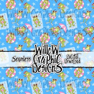 May include: Seamless digital download featuring a repeating pattern of cartoon frogs in sunglasses, swimsuits, and floaties, enjoying summer. The frogs are on a light blue background with white stars and pink accents. The text "Willow Graphic Designs" is also present.