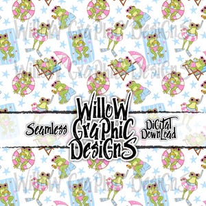 May include: A seamless pattern featuring cartoon frogs in sunglasses, swimsuits, and life rings, enjoying beach activities. The design includes beach chairs, umbrellas, and stars on a white background. The text "Willow Graphic Designs" is also present.