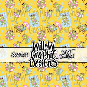 May include: Seamless pattern featuring cartoon frogs in sunglasses, swimsuits, and life preservers on a yellow background with blue stars. Some frogs are on beach chairs or under umbrellas. The text "Willow Graphic Designs" is also present.