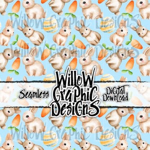 Bunny, Eggs & Carrots - Seamless Pattern Celebrate Easter with a cute bunny and carrot scattered on a blue background