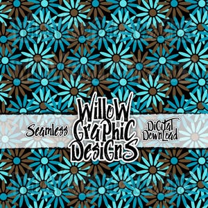 Simple Flowers - Seamless Pattern Brown, Teal & Turquoise pretty floral design on Black background
