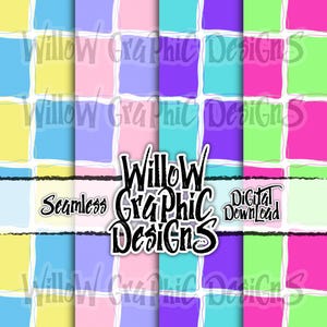 以下が含まれることがあります： 黄色、青、ピンク、紫、緑の色合いのカラフルな正方形のグリッドを特徴とするデジタルシームレスパターンデザイン。「Willow Graphic Designs」と「Digital Download」の文字が含まれています。