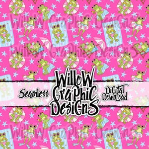 May include: Seamless digital design featuring cartoon frogs in sunglasses, swimsuits, and inner tubes, enjoying summer. The frogs are on a pink background with white stars and beach elements. The design includes the text "Willow Graphic Designs".