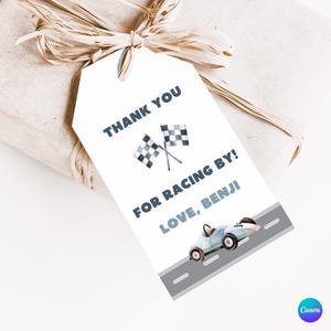 Racing Car Favor Tag, Editable Birthday Thank You Tags, Printable Party Favors, Kids Racing Theme Decorations, First Lap Around The Track