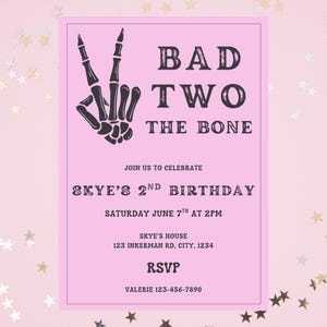Pink Skeleton Birthday Invite, Editable Template, Cute Girl Party Invitation, Spooky Skeleton Design, Fun Decor, Toddler Birthday