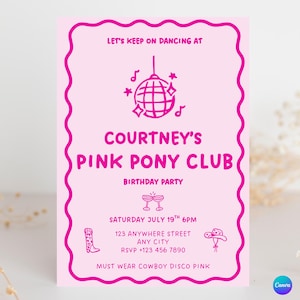 Pink Pony Club Birthday Invitation, Editable Digital Template, Girls Party Invite, Horse Theme Printable, Pink Cowgirl Disco Theme Party
