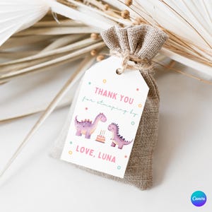 Girl Dinosaur Thank You Tags, Cute Dino Birthday Favor Tags, Printable Gift Tags for Girls&#39; Parties, Pastel Dino Party Decor