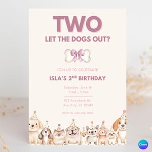 Two Let the Dogs Out Invitation, Girl 2nd Birthday Puppy Party Invite, Editable Template, Digital Download, Lets Pawty