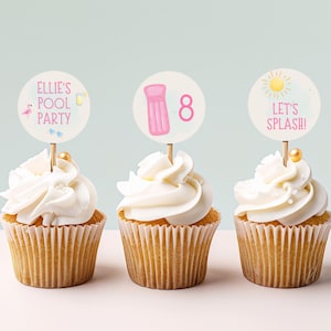 Pool Party Cupcake Toppers, Printable Summer Birthday Decorations, Editable Swimming Party Cake Toppers
