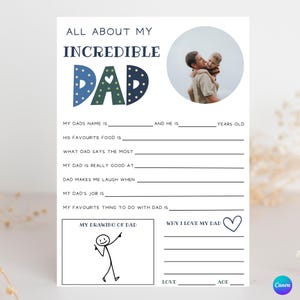 Modèle imprimable Tout sur mon père, questionnaire pour la fête des pères, cadeau personnalisé pour papa, carte numérique pour la fête des pères, cadeau d'anniversaire