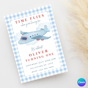 Blue Gingham Airplane Invitation, Boy 1st Birthday Party Theme, Time Flies, Editable Digital Invite, Blue Red White, Aviation Party