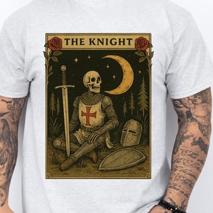 Moonlit Crusader T-Shirt, Gothic Skeleton Knight Tee, Medieval Dark Fantasy Warrior Apparel