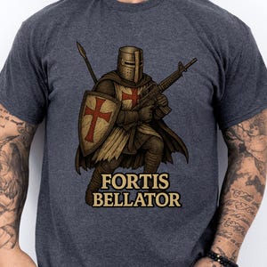 Fortis Bellator Crusader T-Shirt, Medieval Knight Rifle Design, Christian Warrior Tee