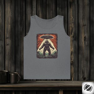 Bigfoot Abduction Tank Top, UFO Alien Beam Shirt, Cryptid Retro Outdoor Sleeveless Tee,