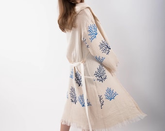 Turkisk bomullsmuslinmorgonrock: Mjuk kimono i 4 lager