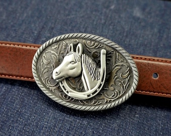 Silver Horse Head Belt Buckle: Western Rodeo Horseshoe Accessory