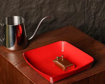 Handmade Leather Tray,Vintage Valet Tray,Double Layer Vegetable Tanned Leather Organizer,Leather Catchall Tray,Desk Organizer,Gift for Him