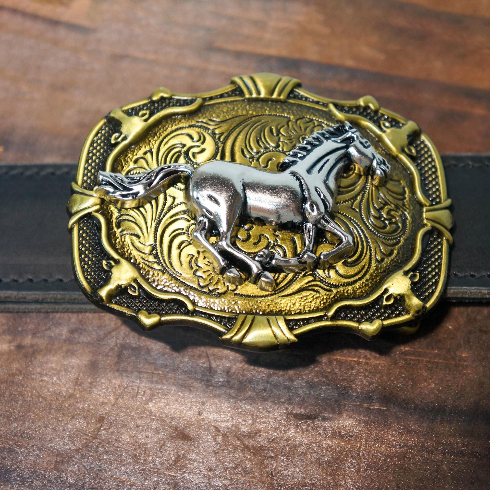 Ceinture Western Avec Boucle Cheval En Or - Taille M Noire - Ajustable - Occasion Légèrement Utilisée
