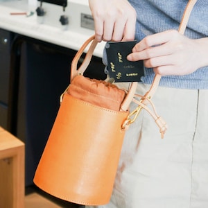Handmade Leather Bucket Bag, Veg-Tanned Orange Purse with Drawstring Inner, Crossbody & Top Handle Bag, Gift Women Desire, Green Bucket Bag