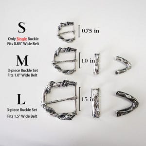 May include: Silver-toned metal belt buckles and accessories in three sizes: S, M, and L. The S buckle is a single piece, while M and L are 3-piece sets. Measurements are provided in inches: 0.75 in, 1.0 in, and 1.5 in. Text indicates belt width compatibility.