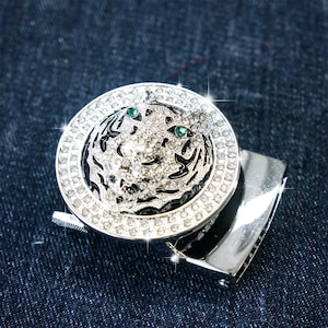 Tiger Head Belt Buckle,Rhinestone Crystal Decor,Gear Lock No-Punch Buckle, Bold Men&#39;s Fashion Belt Accessory,Luxury Tiger Head Belt Buckle