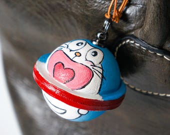 Handmade Doraemon-Inspired Leather Bag Charm, Cute 3D Anime Accessory,Painted Keychain ,Quirky Gift Idea,Bell Ball-shaped Charm
