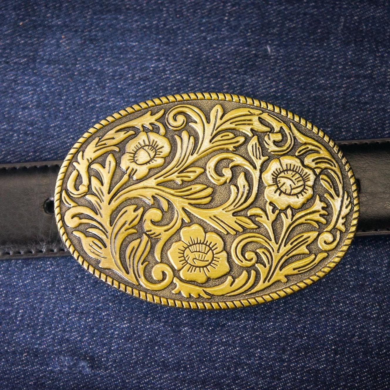 Vintage Solid Brass Western Saddle Belt Buckle Floral Engravings Rustic Personalized Leather Belt Handmade | Custom Name Belt Tooled  main image 3