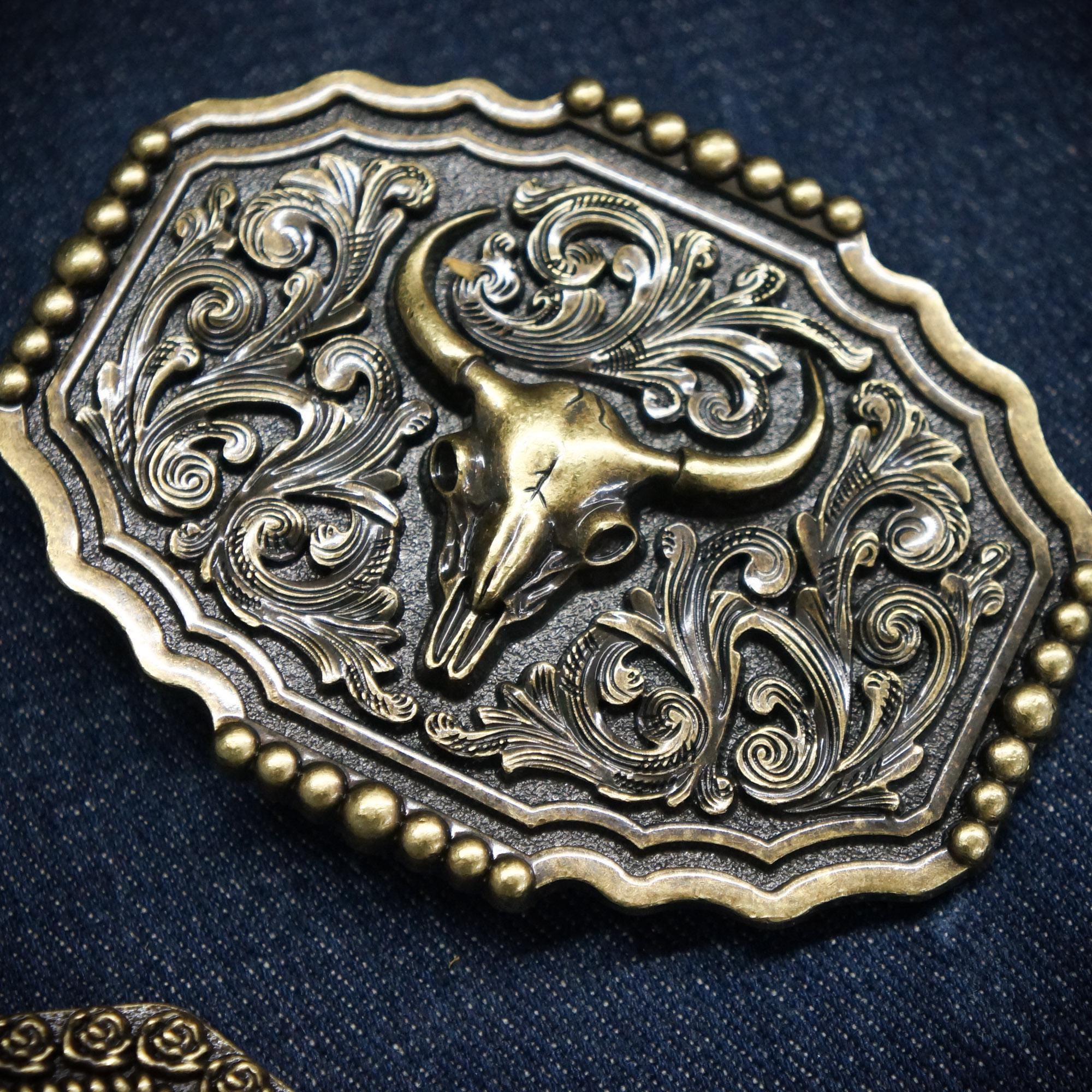 KorhLeoh Ceinture Western en cuir avec boucle de cowboy pour homme et femme - Gravé floral - Longhorn Bull Texas - Ceinture à boucle (taille de 83,8 à 104,1 cm
