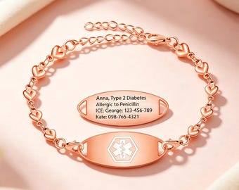 Custom Women's Medical ID Bracelet Heart Link Chain Stainless Steel Engraved Allergy Diabetic Alert Emergency Contact Jewelry Mom Gift