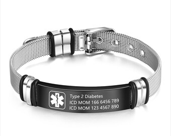 Adjustable Medical Alert Bracelet - Custom Engraved Stainless Steel ID Tag for Diabetic, Epilepsy, Emergency Jewelry , Gift Box Included