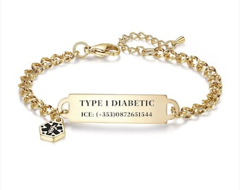 Custom Engraved Medical Alert Bracelet, Hypoallergenic Emergency ID Jewelry Gift for Women with Allergies Diabetes, Engravable Med Tag