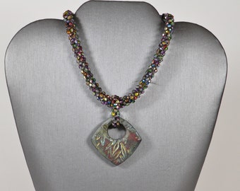 Green Purple and Copper Raku Beadwoven Necklace